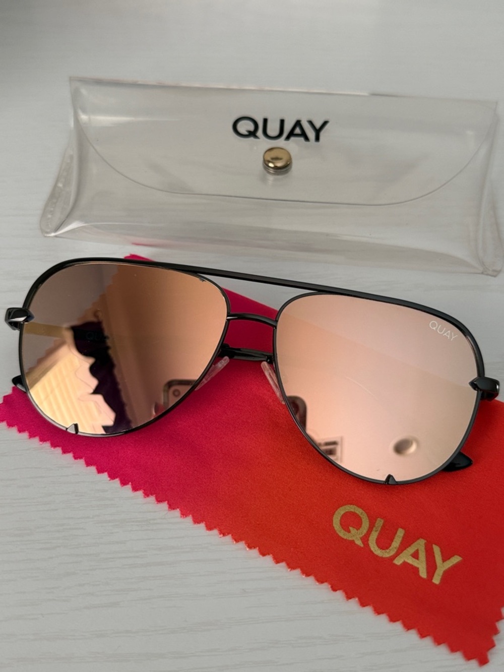 Quay Australia Black Frame Rose Gold Mirror Aviator Sunglasses
